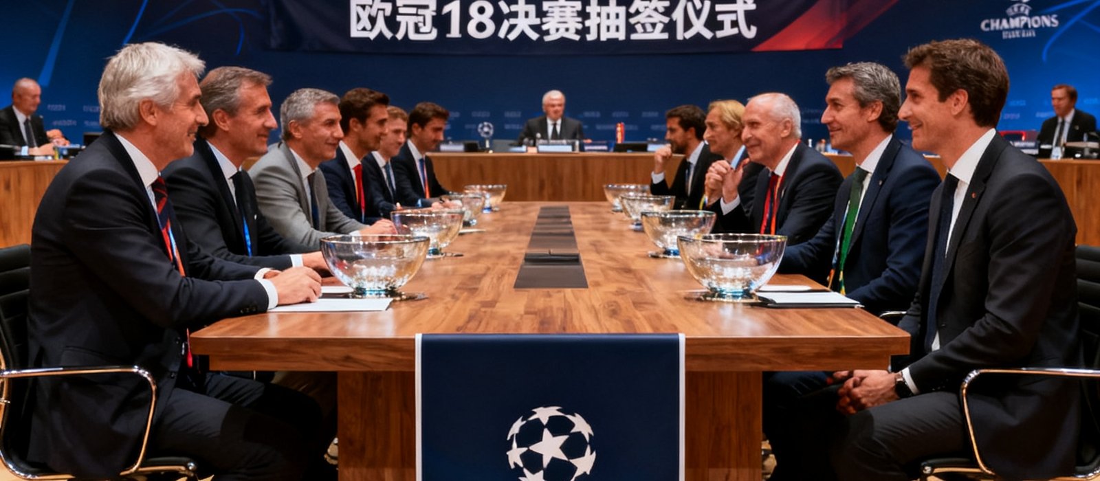 欧冠1/8决赛抽签仪式现场，各俱乐部代表齐聚瑞士尼翁的欧足联总部